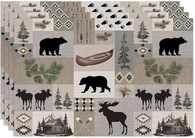 Retro Rustic Lodge Bears Deer Placemats Set of 4, Vintage Cabin Pine Tree Farmhouse Country Style Place Mats, Heat Resistant Non Slip Cotton Linen Dining Table Mats for Home Kitchen 18x12 Inch