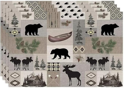 Retro Rustic Lodge Bears Deer Placemats Set of 4, Vintage Cabin Pine Tree Farmhouse Country Style Place Mats, Heat Resistant Non Slip Cotton Linen Dining Table Mats for Home Kitchen 18x12 Inch