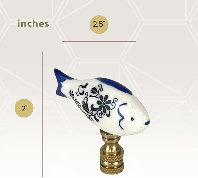 Royal Designs, Inc. Porcelain Fish Finial for Lamp Shade, Polished Brass, Blue & White, Pack of 2