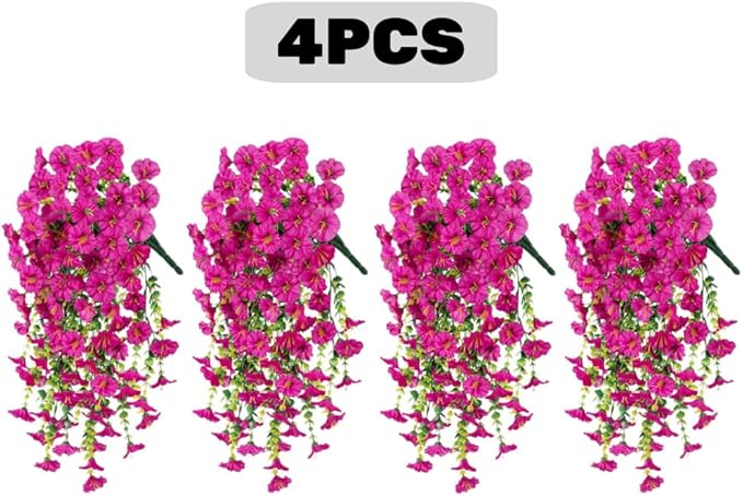 4PCS Artificial Hanging Flowers for Outdoor Decor UV Resistant Fake Morning Glory Realistic Silk Spring Summer Hanging Plants for Porch Patio Balcony Yard (Fuchsia)