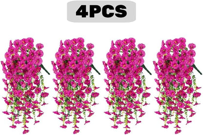 4PCS Artificial Hanging Flowers for Outdoor Decor UV Resistant Fake Morning Glory Realistic Silk Spring Summer Hanging Plants for Porch Patio Balcony Yard (Fuchsia)