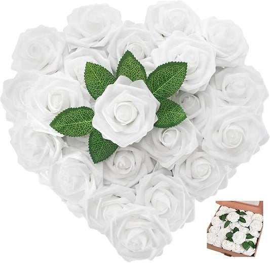 [25PCS] White Roses Artificial Flowers with Stem Real Touch Fake Foam Roses for Decoration DIY Wedding Bouquets Centerpieces Bridal Shower Mothers Day Party Flower Arrangements Home Decor