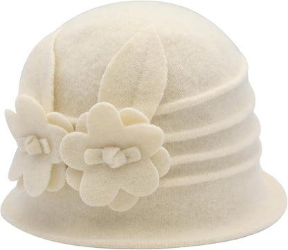 ZLYC Women Wool Cloche Bucket Hat 1920s Vintage Dress Winter Hats with Flower Accent