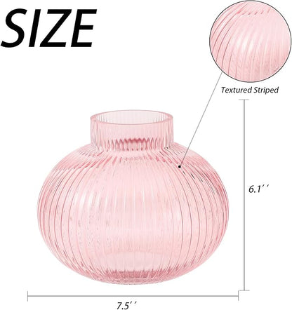 Pink Glass Vase for Tulips, Ribbed Glass Vase for Flowers, Round Flower Vases, Small Short Vases for Living Room, Office, Coffee Table, Shelf, Wedding, 6 Inches