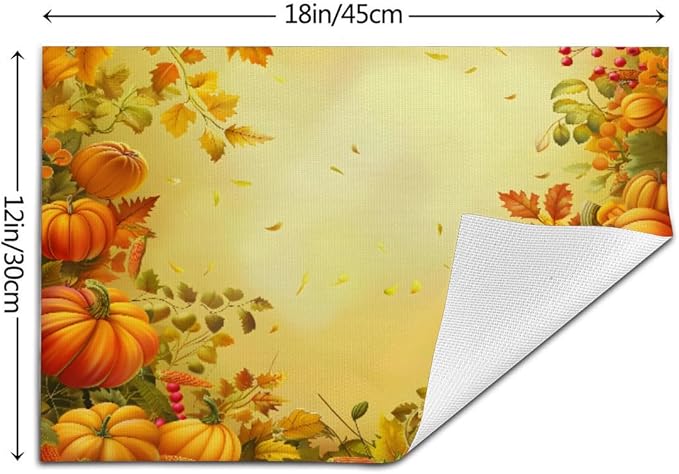 PVC Placemats Set of 1 Wipeable Table Mats Washable Heat Resistant Non Slip Vinyl Dining Table Mat for Kitchen Indoor Outdoor Patio Farmhouse Place Mats Thanksgiving Pumpkin Leaf Decorative