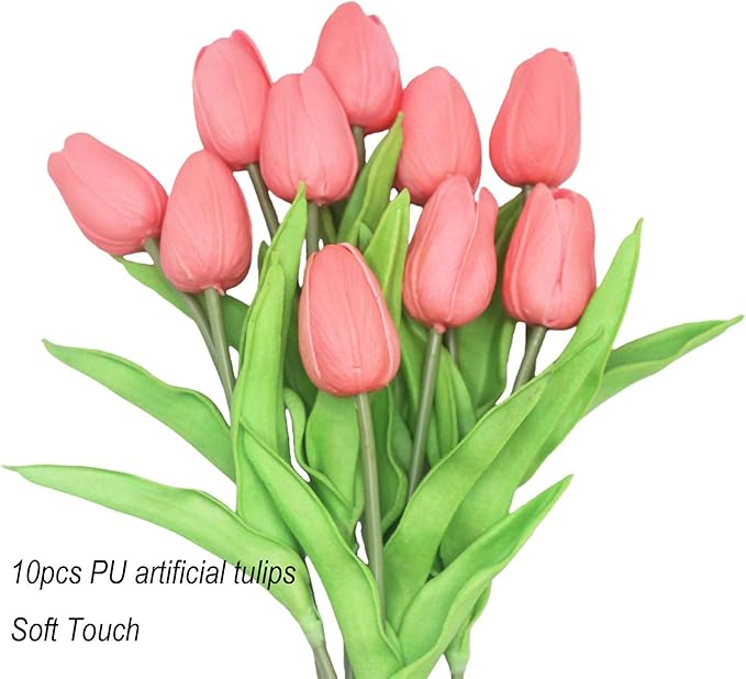 10-Heads Artificial Flowers PU Mini Real Touch Tulip Bouquets for Home Wedding Party Centerpiece Decoration (Gradient Coral)
