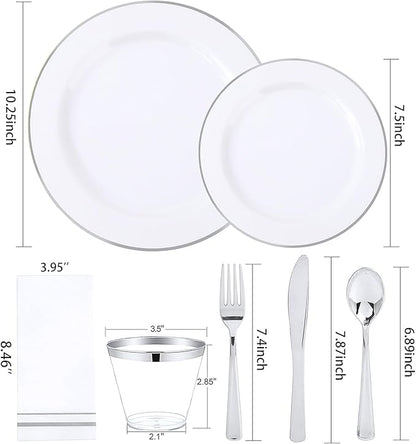 SUT 350 Piece Silver and White Plastic Dinnerware Set for 50 Guests, Disposable Plastic Plates, Include: 50 Dinner Plates, 50 Dessert Plates, 50 Pre Rolled Napkins with Silver Silverware, 50 Cups