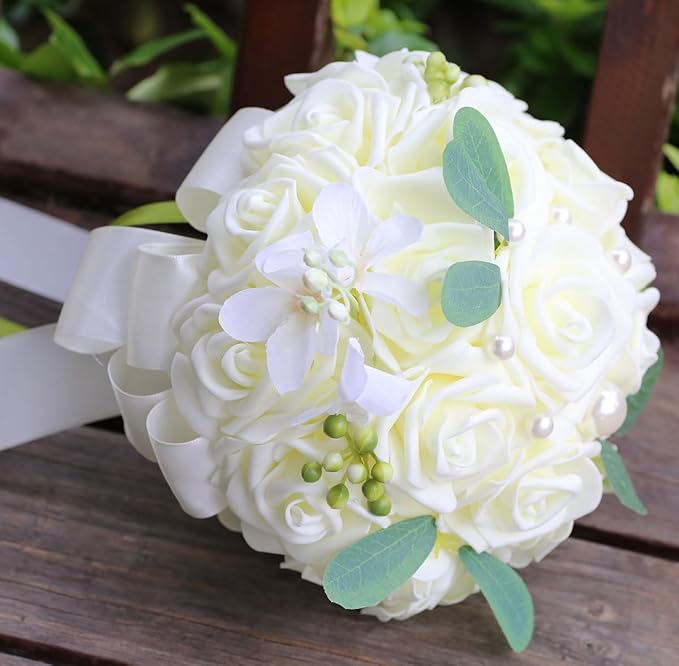 Lightweight Bridal Wedding Bouquet Round Holding Bouquet Throw Toss Artificial Rose Flower Bunch for Bride Bridesmaid Wedding Quinceanera (Cream, 7.9")