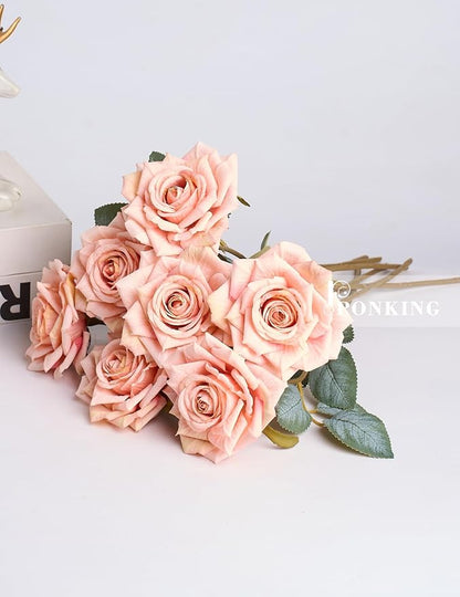 3.1"(8cm) Manta Rose Artificial Flower 7pcs Realistic Faux Silk Roses Fake Flowers Bouquets Arrangements Decor for Wedding Spring Mother's Day, Home Table Decorations, Light Pink Flower