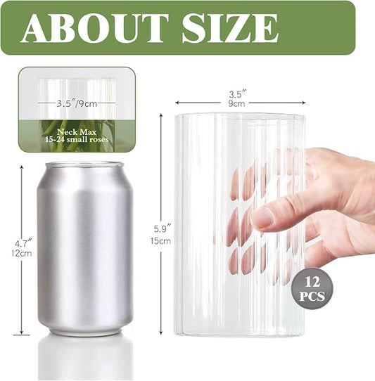 12Pcs Glass Cylinder vases for Centerpieces, 6 Inches Clear Ribbed Bud Vases for Wedding Decorations,Floral Vase Bulk Flower vases,Tall Glass Hurricane Candle Holder for Table Shelf, Party(Ribbed)
