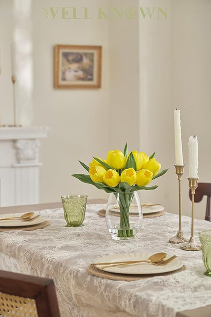 WELL KNOWN 12 Pcs Fake Big Tulips Artificial Flowers in Vase with Faux Water, Real Touch Foam Yellow Flower Arrangement with Glass Vase for Home Wedding Party Decor Dining Table Centerpiece & Gift