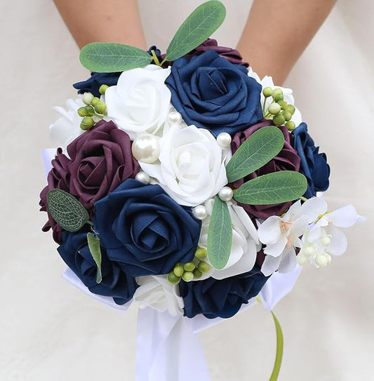 Lightweight Bridal Wedding Bouquet Round Holding Bouquet Throw Toss Artificial Rose Flower Bunch for Bride Bridesmaid Wedding Quinceanera (White, Navy & Dark Puce, 7.9")