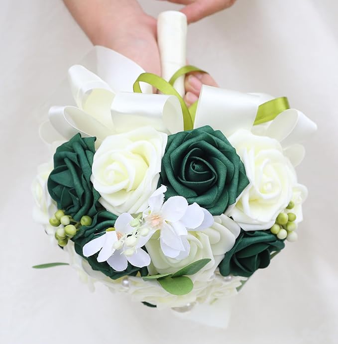 Lightweight Bridal Wedding Bouquet Round Holding Bouquet Throw Toss Artificial Rose Flower Bunch for Bride Bridesmaid Wedding Quinceanera (Cream & Dark Green, 7.9")