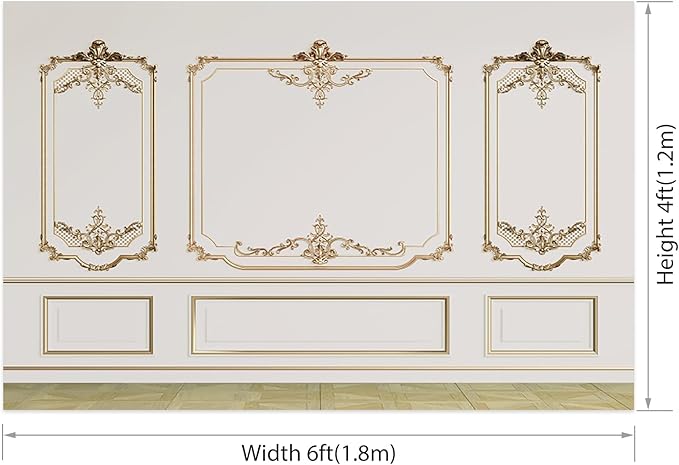 AOFOTO Vintage Room Inside Backdrop Modern French Classic Frame White Walls Gold Embossed Floral Photo Background Wedding Bridal Shower Reception Drama Portrait Photoshoot Backdrop Props 6x4ft