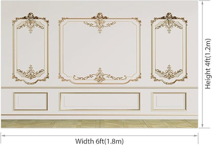 AOFOTO Vintage Room Inside Backdrop Modern French Classic Frame White Walls Gold Embossed Floral Photo Background Wedding Bridal Shower Reception Drama Portrait Photoshoot Backdrop Props 7x5ft
