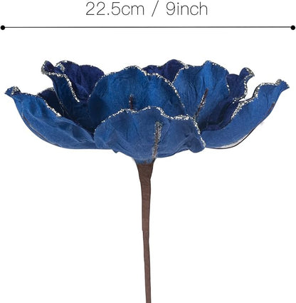 KI Store Blue Velvet Magnolia Flowers Pack of 6 Oversize Artificial Christmas Poinsettia Floral Picks Stems for Xmas Tree Wedding Centerpiece Decorations