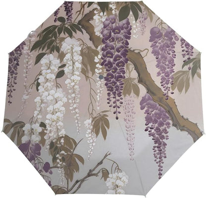 Windproof Travel Umbrella Wisteria Flower Floral Compact Auto Open/Close Folding Umbrellas for Rain