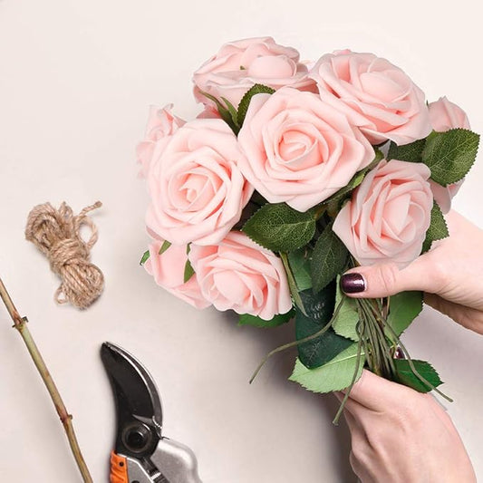 Mocoosy 50Pcs Artificial Roses Flowers, Blush Pink Roses Artificial Flowers Foam Fake Roses with Stem for Wedding Bridal Bouquets Party Centerpieces Artificial Flowers Crafts DIY Home Decoration