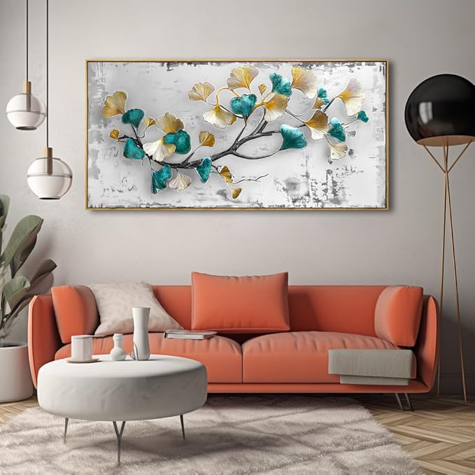 Wall Art Ginkgo Leaf Modern Botanical Artwork Canvas Painting for Living Room Bedroom Dining Room Home Office Decor 20"x40" with Framed
