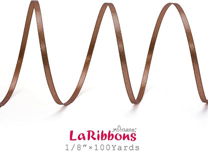 LaRibbons Brown Satin Ribbon 1/8 Inch 100 Yards Thin Luxury Double Faced Mocha Mousse Silk Ribbon for Flower Bouquet Crafts Gift Wrapping Wedding Decoration