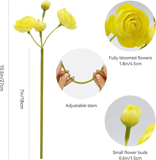24 Pcs Ranunculus Yellow Artificial Flowers 10.5", Mini Faux Silk Ranunculus with Stem, Fake Flowers for Home Decor Indoor Wedding Bouquets Centerpieces (Light Yellow)
