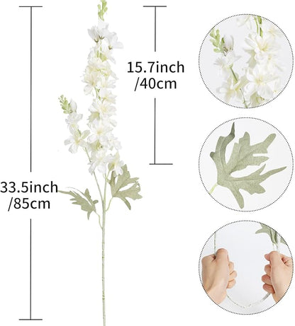 8PCS White Delphinium Artificial Flowers Larkspur Fake Flowers 33.5in Long Stem Faux Silk Flowers Bulk for Tall Vase for Home Wedding Floral Arrangement Centerpiece Table Decorations (White)