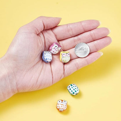 Beadthoven 5pcs Owl Porcelain Beads Lucky Animal Ceramic Beads Colorful Printed Cute Owl Bird Handmade Large Hole Ceramic Loose Spacers for Bracelets Necklace DIY Jewelry Making 17x15mm Hole: 3mm