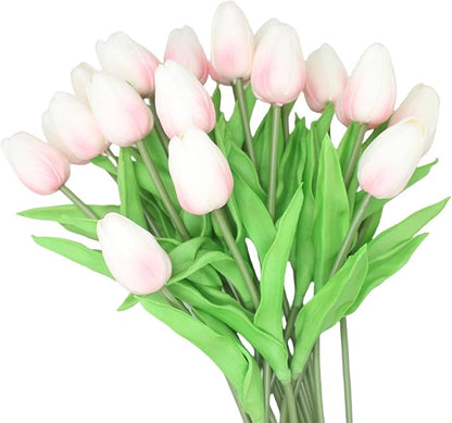 10-Heads Home Decor Mini Tulip Real Touch Tulip Artificial Flowers Bouquets for Home Wedding Party Centerpiece Decoration (Pink and White)