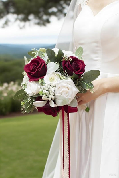 Burgundy & White Wedding Bouquets for Bride Bridesmaids, Bridal Bouquet for Wedding Silk Artificial Flowers