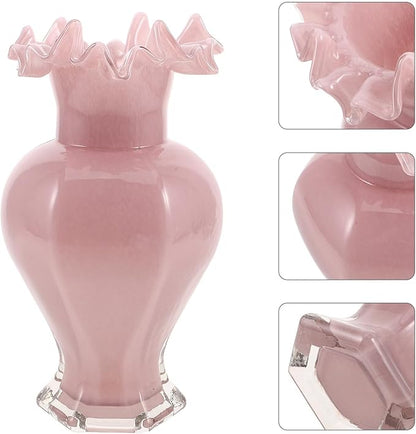 Pearlescent Pink Glass Decorative Vase with Artistic Curved Rim Handblown Artistic Planter for Flower Bouquets Unique Home Accent for Living Dining Table Office and Wedding Decor