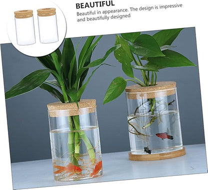 VILLCASE 2pcs Wood Art Glass Vase with Cork Stopper for Hydroponic Plants Decorative Flower Pot for Indoor Greenery Minimalist Plant Vase for Home and Office Decor