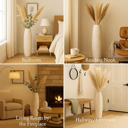 Leewadee Large White Home Decor Floor Vase - Wooden 26 inch Tall Farmhouse Decor Flower Holder for Fake Plant and Pampas Grass