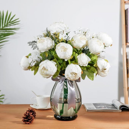 2 Packs Artificial Peony Flowers Silk Peonies Fake Flower Bouquet Arrangements for Home Wedding Party Decoration (White)
