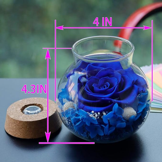 Preserved Real Roses with Colorful Mood Light Wishing Bottle, Eternal Rose，Never Withered Flowers, Table Decor,Christmas Anniversary Valentine's, Blue 4.3inch, 1pcs