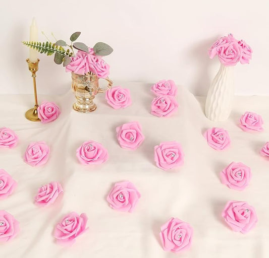 IPOPU 100pcs Pink Foam Rose Artificial Flower Bulk with Crystal 3in Real Looking Stemless Fake Roses for DIY Craft Wedding Bouquets Wall Decoration Bridal Shower Arrangement Home Decorations(Pink)