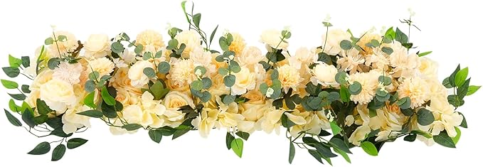 TFCFL Artificial Flowers Row, 39.5" X 12" Wedding Arch Faux Floral Swags, 3D Flower Panels Arrangement, DIY Wall Backdrop for Wedding Party Table Runner Decoration (Champagne)