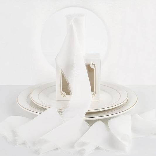MEEDEE White Chiffon Ribbon 3 Inch White Fringe Ribbons Chiffon Silk Frayed Edge Ribbon Wide Chiffon Ribbons for Crafts, Flower Bouquet, Wedding Favors Wrapping (2 Rolls 10 Yards)