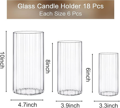 PHOSPHOR 18 Pcs Cylinder Glass Candle Holder 6'', 8'', 10'', Hurricane Candle Holder for Pillar Candle Tall Glass Cylinder Centerpieces Vases Floral Room Decor