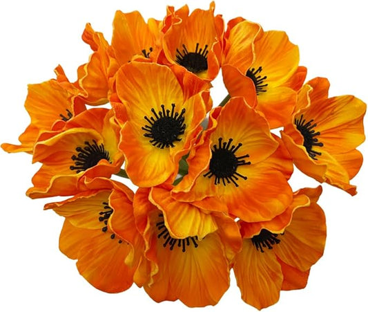 14Pcs Real Touch Anemone Poppy Bouquet for Artificial Flower Decor Kitchen Table Centerpiece Vase Home Greenery Wedding Holding Flowers Backdrop Arch Wall (Orange)