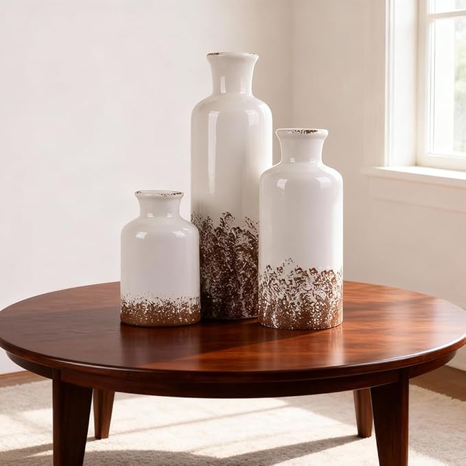 Gray Ceramic Farmhouse Vase Set of 3 – Rustic Small Vases, Vintage Country Style Decorative Vases for Flowers, Home Decor for Living Room, Table, Mantle, Fireplace & Entryway Centerpieces