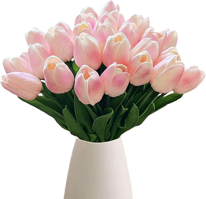 18pcs Artificial Tulips 13" PU Artificial Flowers for Family Friends Gifts DIY Flower Arrangement Home Kitchen Office Party Wedding Dining Table Decoration, Light Pink