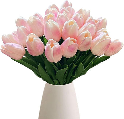 18pcs Artificial Tulips 13" PU Artificial Flowers for Family Friends Gifts DIY Flower Arrangement Home Kitchen Office Party Wedding Dining Table Decoration, Light Pink