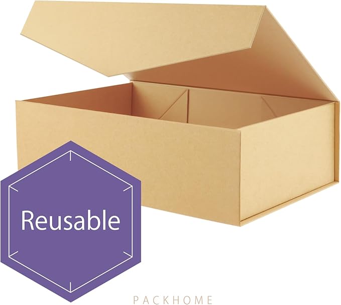 PACKHOME Large Gift Box with Lid 13.5x9x4.1 Inches, Sturdy Collapsible Gift Box with Magnetic Closure (Kraft)