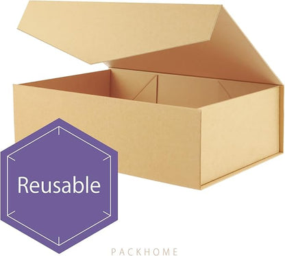 PACKHOME Large Gift Box with Lid 13.5x9x4.1 Inches, Sturdy Collapsible Gift Box with Magnetic Closure (Kraft)