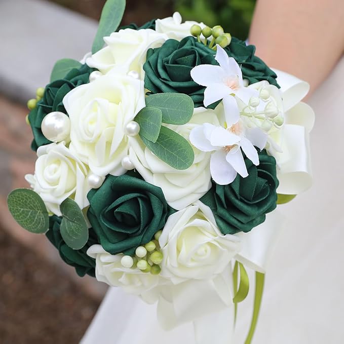 Lightweight Bridal Wedding Bouquet Round Holding Bouquet Throw Toss Artificial Rose Flower Bunch for Bride Bridesmaid Wedding Quinceanera (Cream & Dark Green, 7.9")