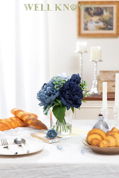 WELL KNOWN Artificial Flowers in Glass Vase with Fake Water, Silk Peony Flower Bouquet for Home Dinning Tea Table, Office Desktop, Hotel, Wedding, Party, Lavatory Decor & Gift (Navy Blue & Light Blue)