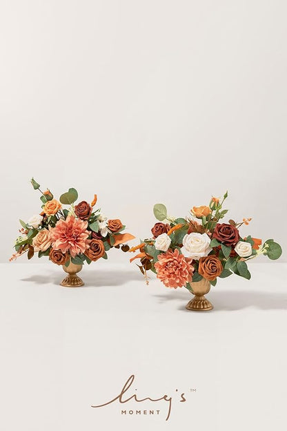 Ling's moment Terracotta Artificial Flowers with Vase Wedding Table Decor Bouquet Centerpiece Flower Potted for Ceremony Reception Desk Flowers Mantel Archway Aisle, Orange Fake Flowers Set of 2