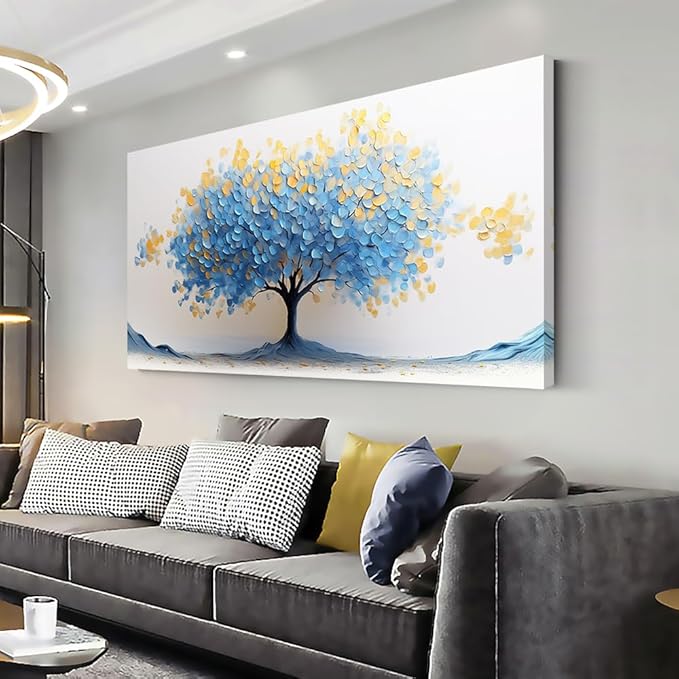 LAVIKARS Modern Tree of Life Wall Art for Living Room Office Navy Blue and Yellow Floral Abstract Landscape Canvas Painting Prints Large Nature Artwork Home Kitchen Bedroom Decor (20x40 Inches)