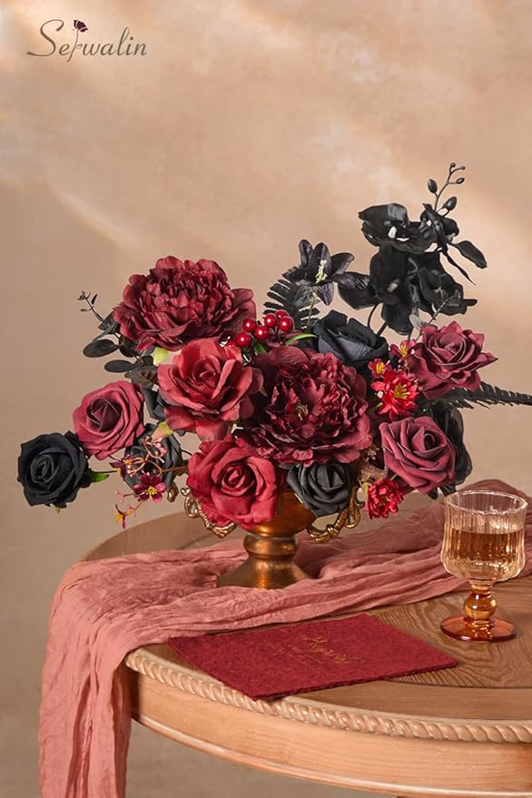 Serwalin Burgundy Black Artificial Flowers, Fake Silk Flowers for DIY Wedding Bridal Bouquet, Wedding Cake Flowers for Table Centerpieces Floral Arrangements Party Home Decorations