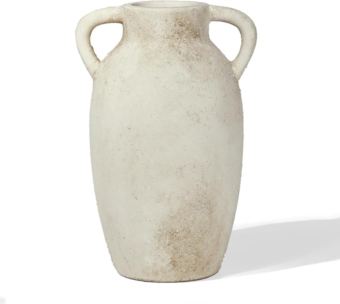 Ceramic Flower Vase Home Decor – 9.8 Inch Pottery Rustic Farmhouse Decorative Vase with Handles for Table Centerpiece, Shelf & Mantel, Beige